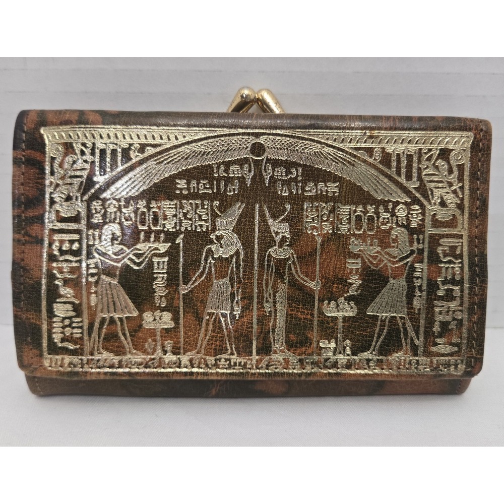 Vtg 70s Egyptian Camel Leather Trifold Wallet Purse Gold Embossed Pharaonic Art